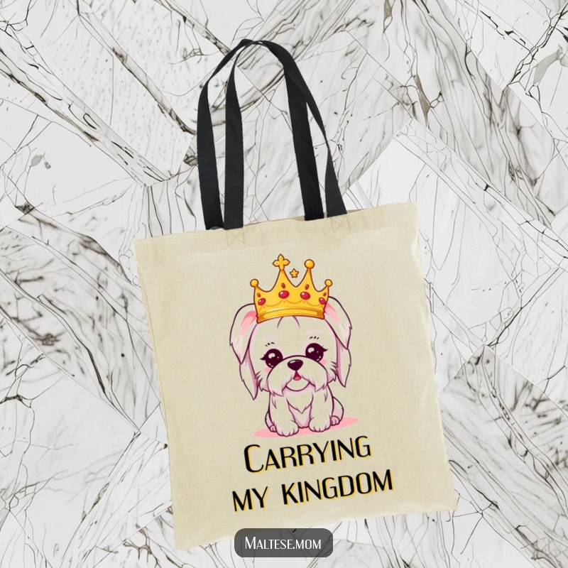 Funny tote bag with a kawaii Maltese dog wearing a crown, looking regal and amused, perfect for carrying daily treasures.