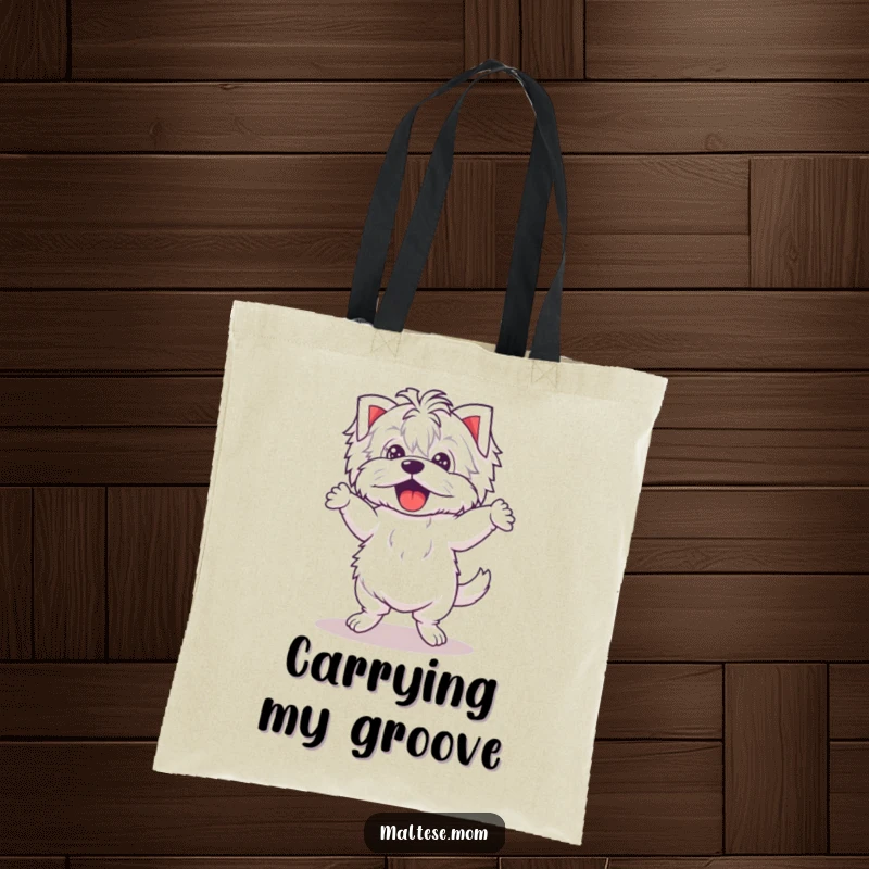 Funny Kawaii Maltese tote bag showcasing a cute puppy dancing with hilariously wobbly legs, perfect for carrying your essentials in style.