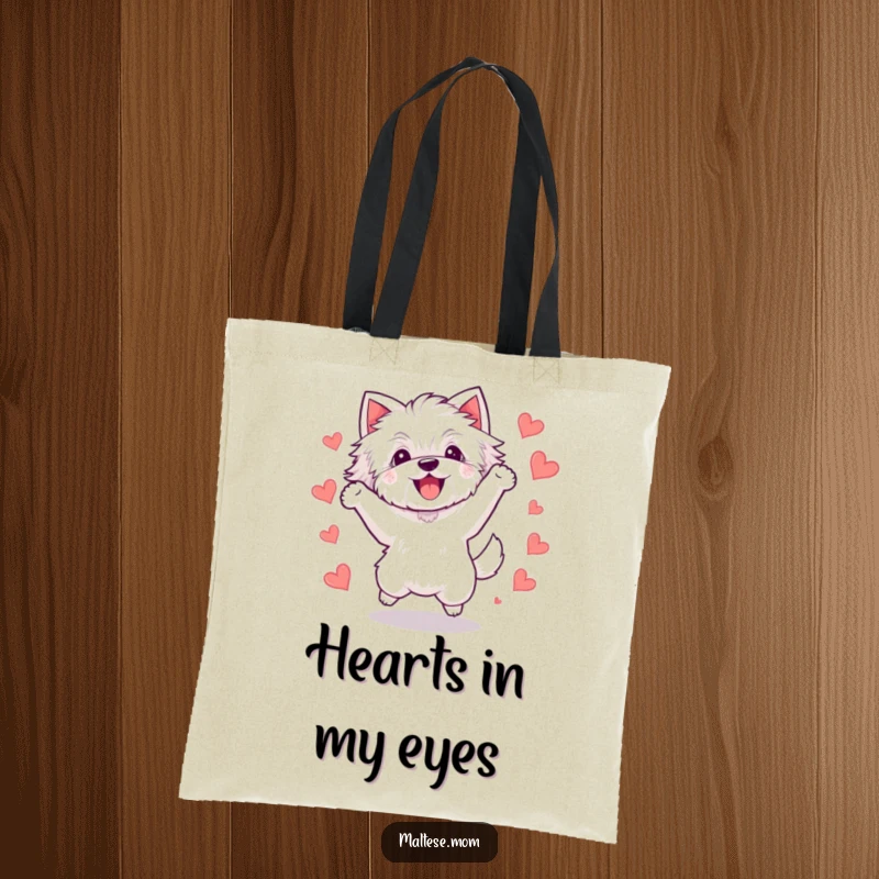 Funny Kawaii Maltese dog tote bag showcasing a fluffy white dog leaping joyfully, surrounded by a scattering of small, adorable hearts.