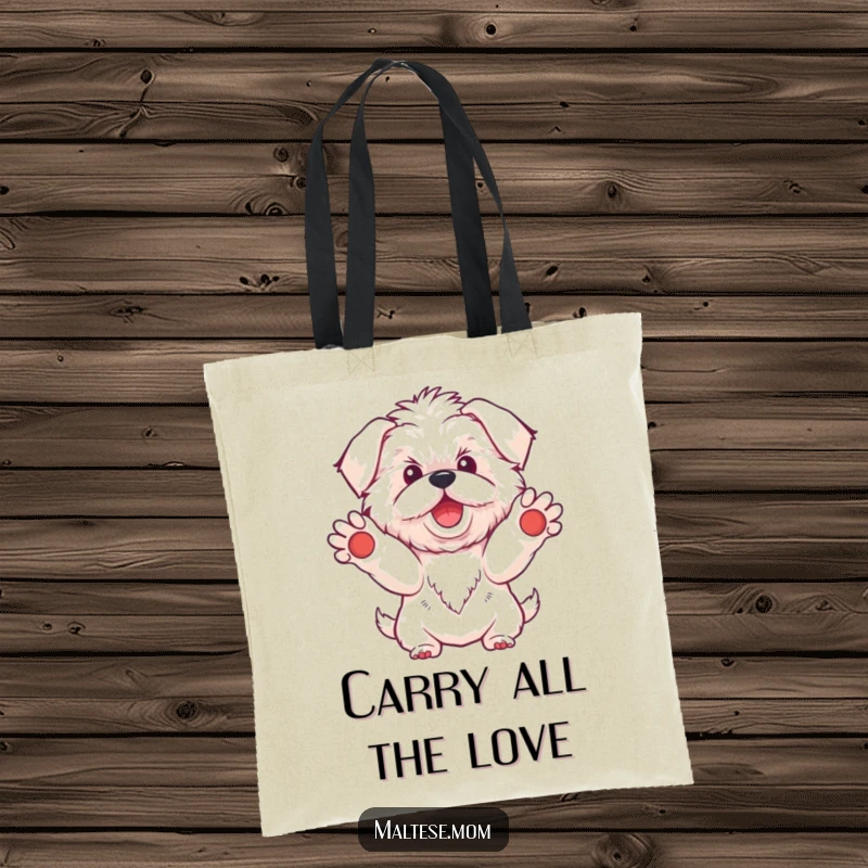 Funny Kawaii Maltese dog tote bag, depicting a fluffy white dog with paws outstretched, offering a sweet and friendly invitation.