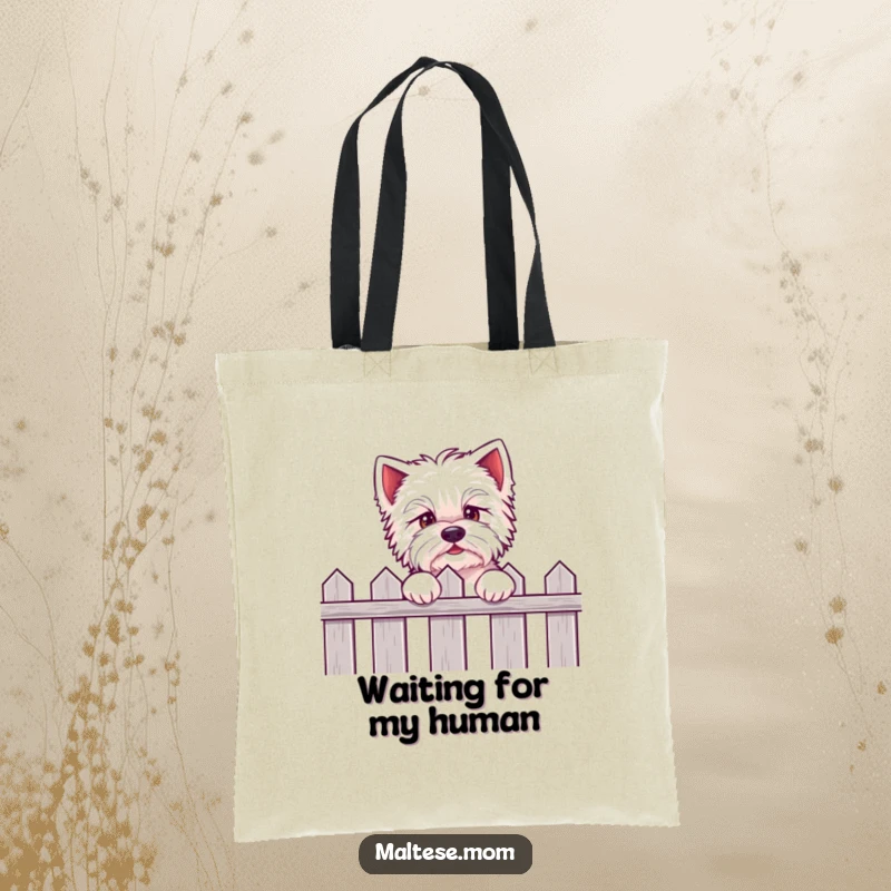 Funny Kawaii Maltese tote bag showcasing an eager puppy peeking over a fence, designed with cute anticipation and playful spirit.