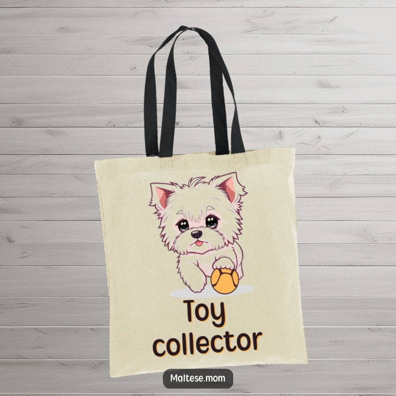 Funny Tote Bag featuring a cute Maltese dog character with bright eyes, playfully chasing a small ball, ideal for park visits.