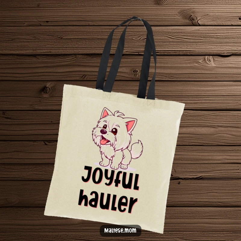 Funny Maltese Lady Tote Bag: A happy Maltese dog with an enthusiastically wagging tail, a funny and functional accessory.