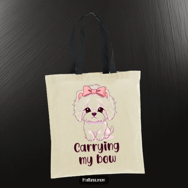 Funny Maltese lady dog tote bag with a pink bow, carrying groceries, stylish and cute.
