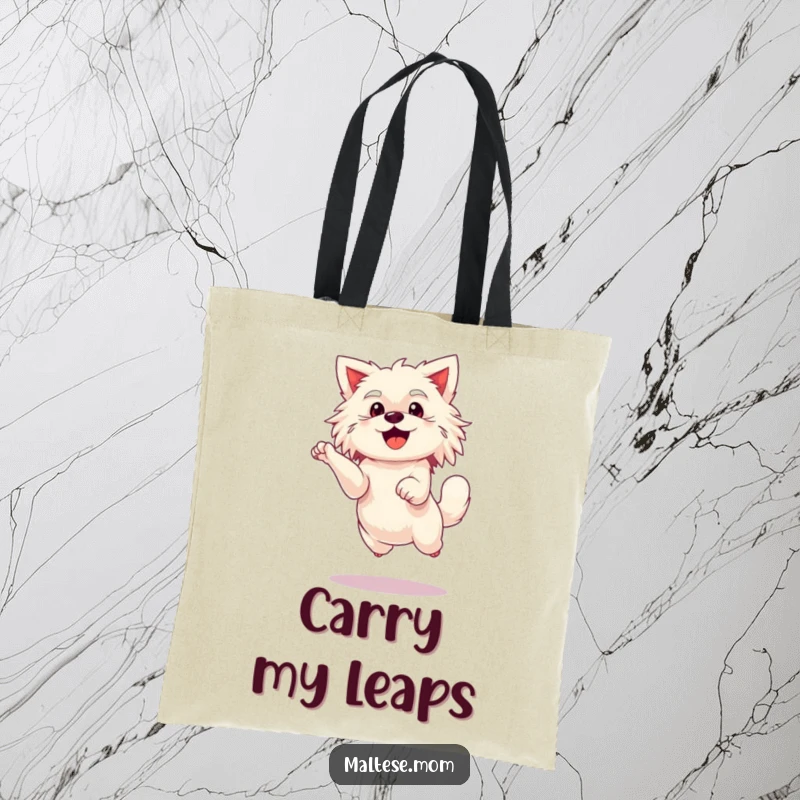 Funny Maltese lady dog tote bag, depicted leaping enthusiastically, cheerful and functional.
