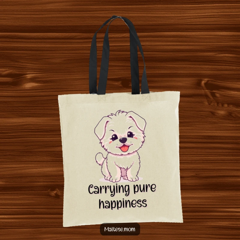 Funny tote bag with a fluffy Maltese puppy expressing sheer delight through its happily wagging tiny tail.