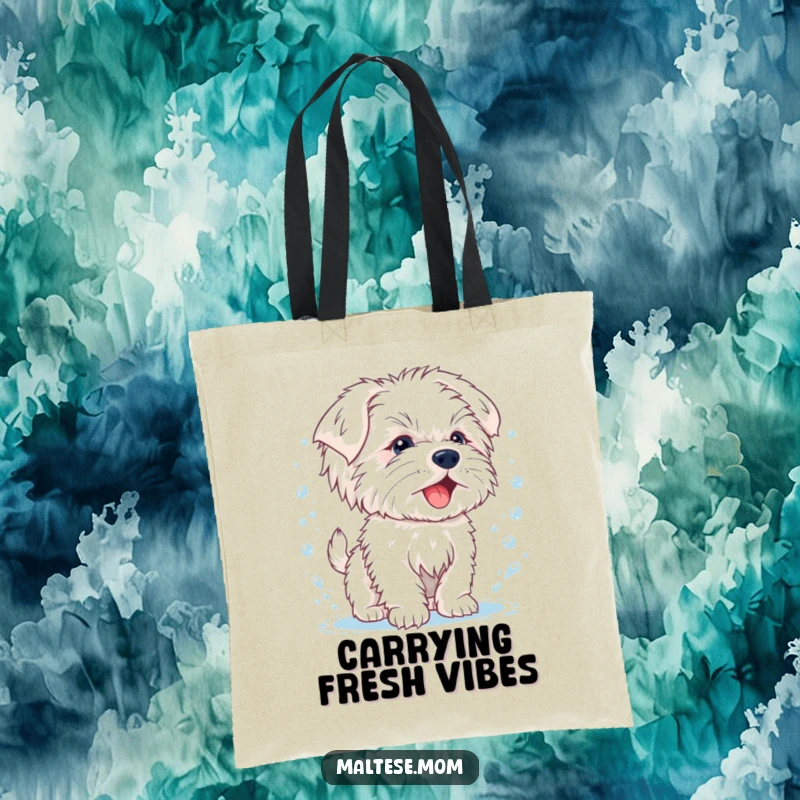 Funny tote bag with a happy Maltese puppy energetically shaking off water droplets, perfect for errands and playful moments.