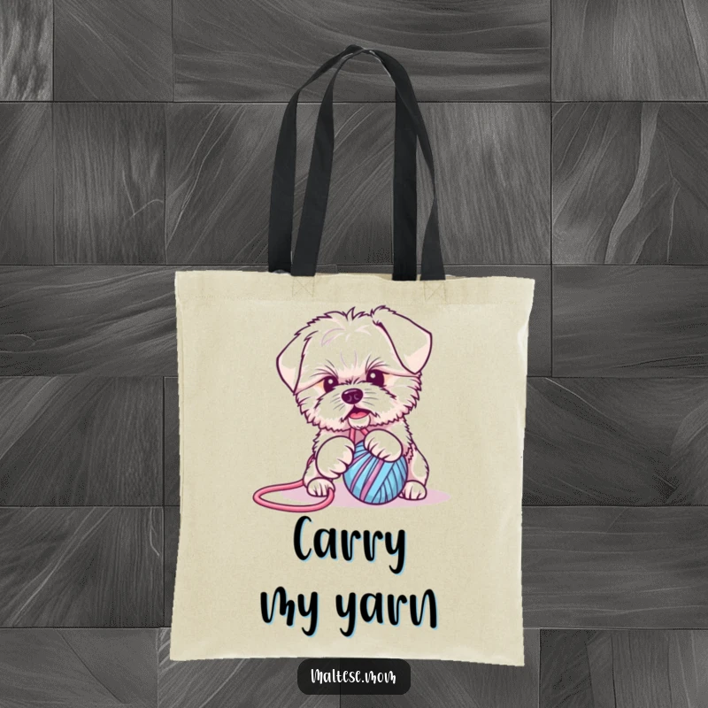 Funny Maltese puppy tote bag: a cute puppy tangled in yarn, perfect for carrying groceries or puppy treats with a smile.
