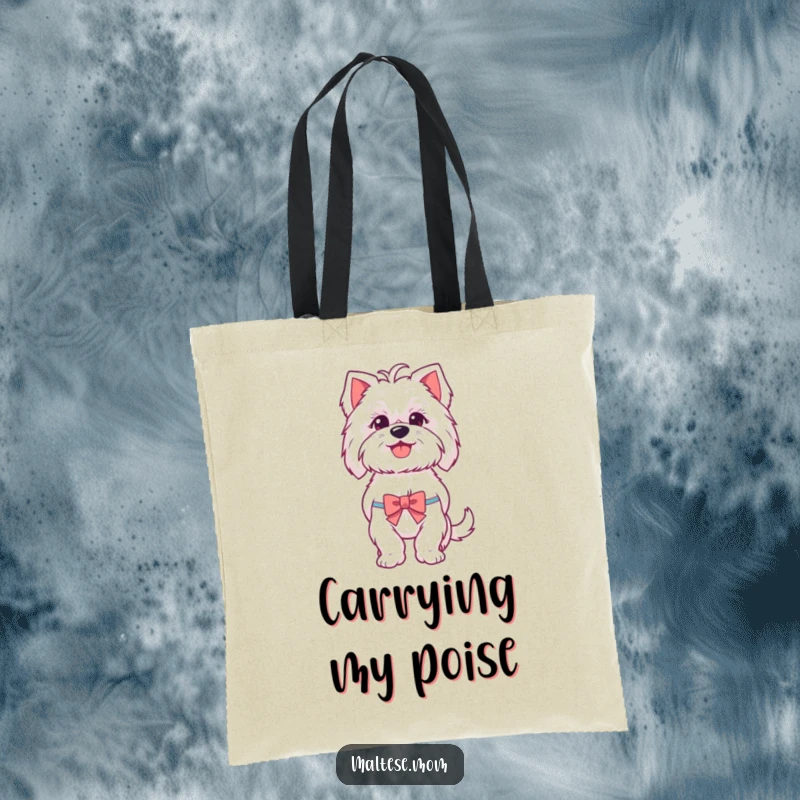 Funny Maltese tote bag showcasing a jubilant Maltese dog with an open mouth pant, wearing a small, fashionable bow, ready for adventure.