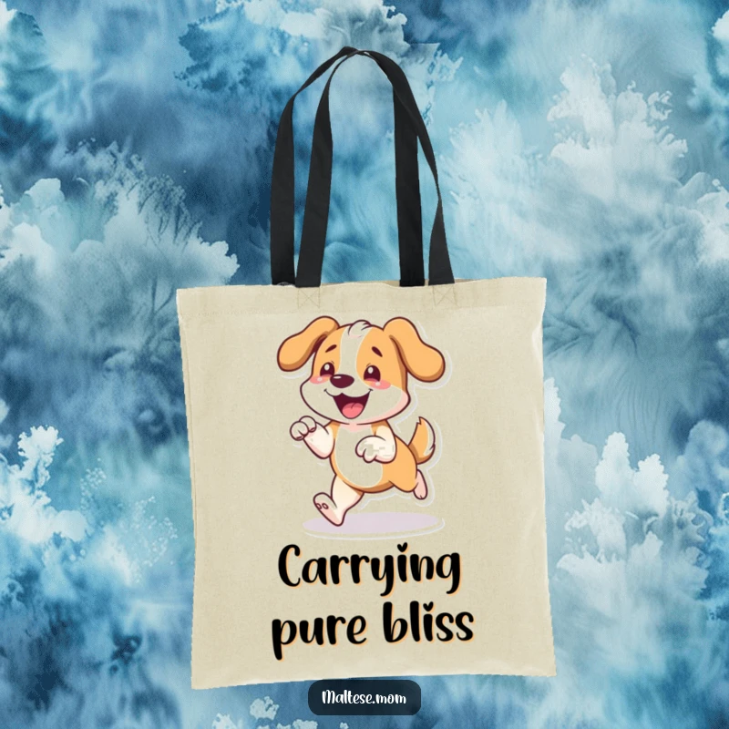 Funny tote bag showcasing a dog character joyfully prancing with front paws slightly lifted off the ground.