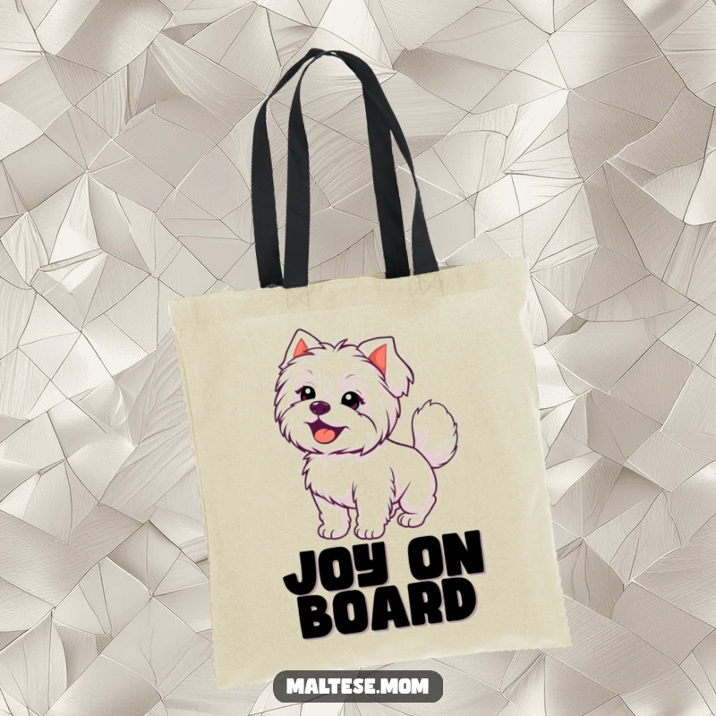 Funny Kawaii Maltese dog with a joyful expression and wagging plumed tail, a humorous and functional tote bag.