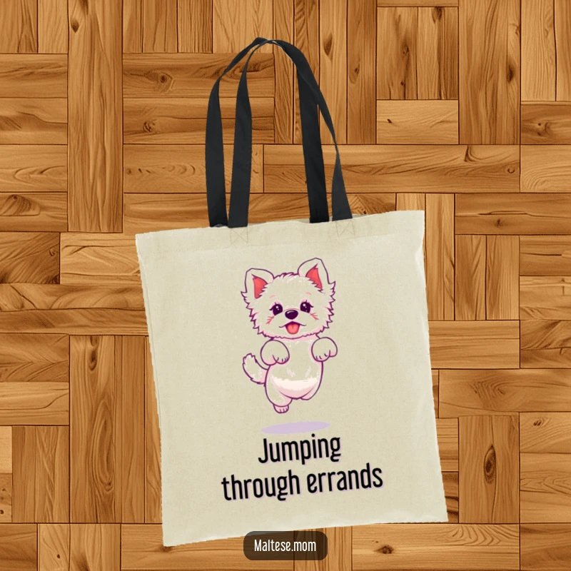 Funny tote bag featuring a Maltese dog character doing a tiny, elegant jump, perfect for carrying daily items.