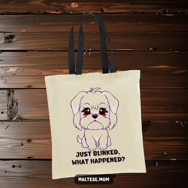 Funny tote bag featuring a Maltese dog with a sweet, innocent blink, perfect for shopping and everyday use.
