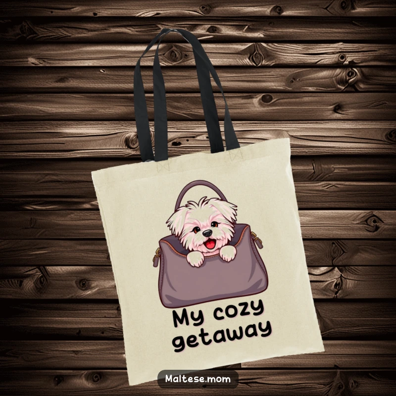 Funny Maltese dog tote bag with a cute character peeking from a stylish handbag, merging fashion practicality with canine cuteness.