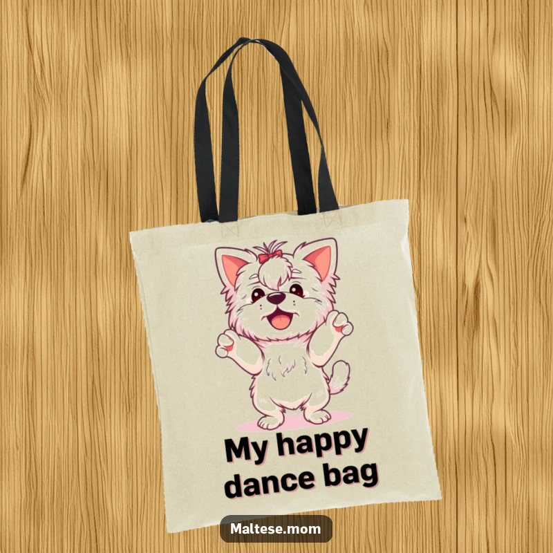 Funny Maltese Dog Tote Bag: A joyful Maltese dog dances with its paws up, ready for errands and spreading happiness.