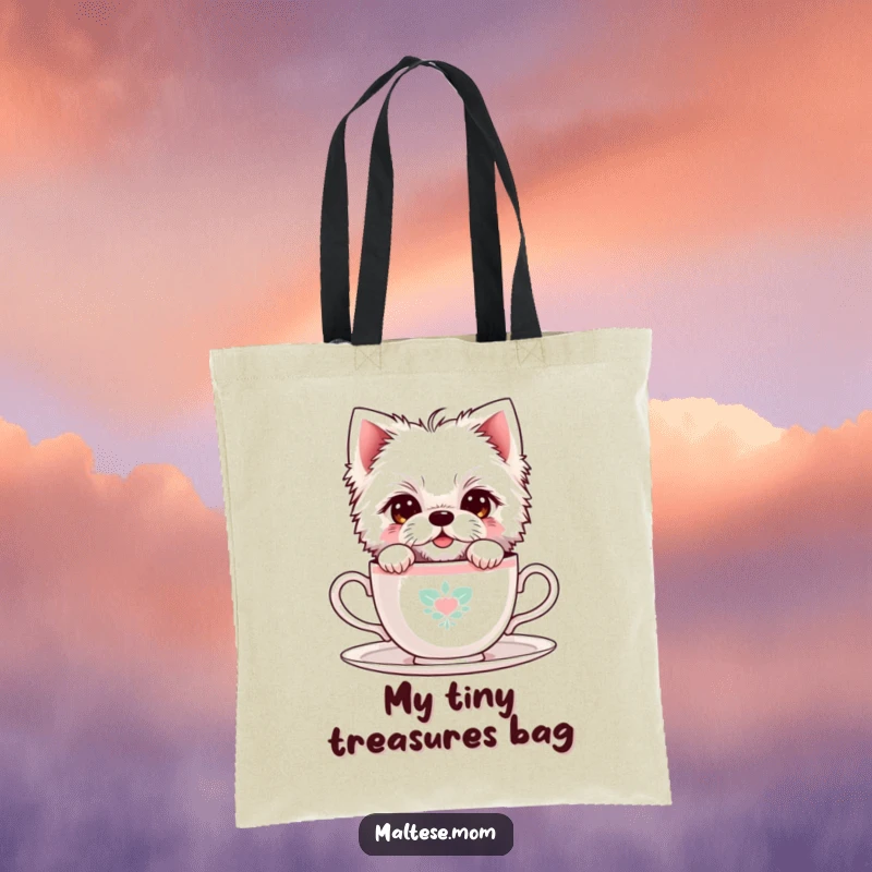 Funny Maltese Dog Tote Bag: A shy Maltese dog peeks from behind a tiny teacup, perfect for carrying essentials with charm.