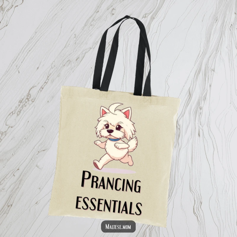 Funny Maltese lady dog tote bag, depicted prancing energetically, stylish and functional.